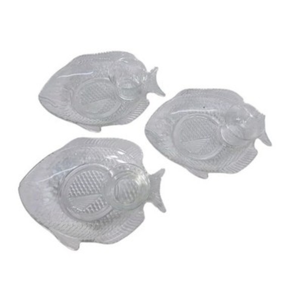 Vintage Glass Fish Shaped Plates with Dip Cup Set of 3 8.25x6.25in VG